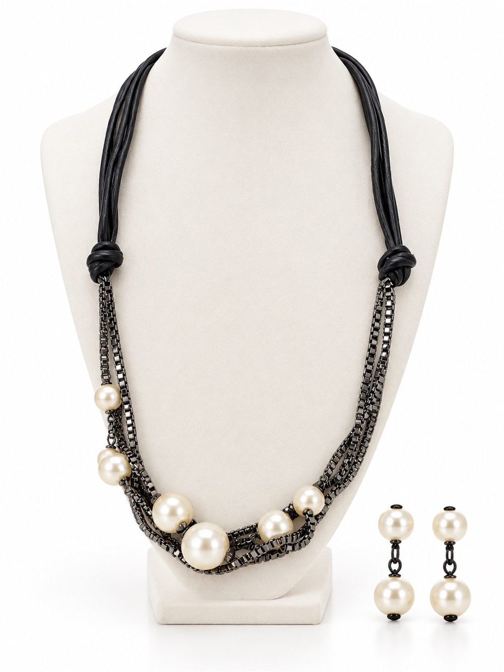 Faux Pearl & Gunmetal Multi-Strand Statement Necklace Earrings Set